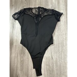 Bbodysuit 1-piece L Black CAP-SLEEVE Sheer Lace Solid Bodice Witchy Goth Vamp